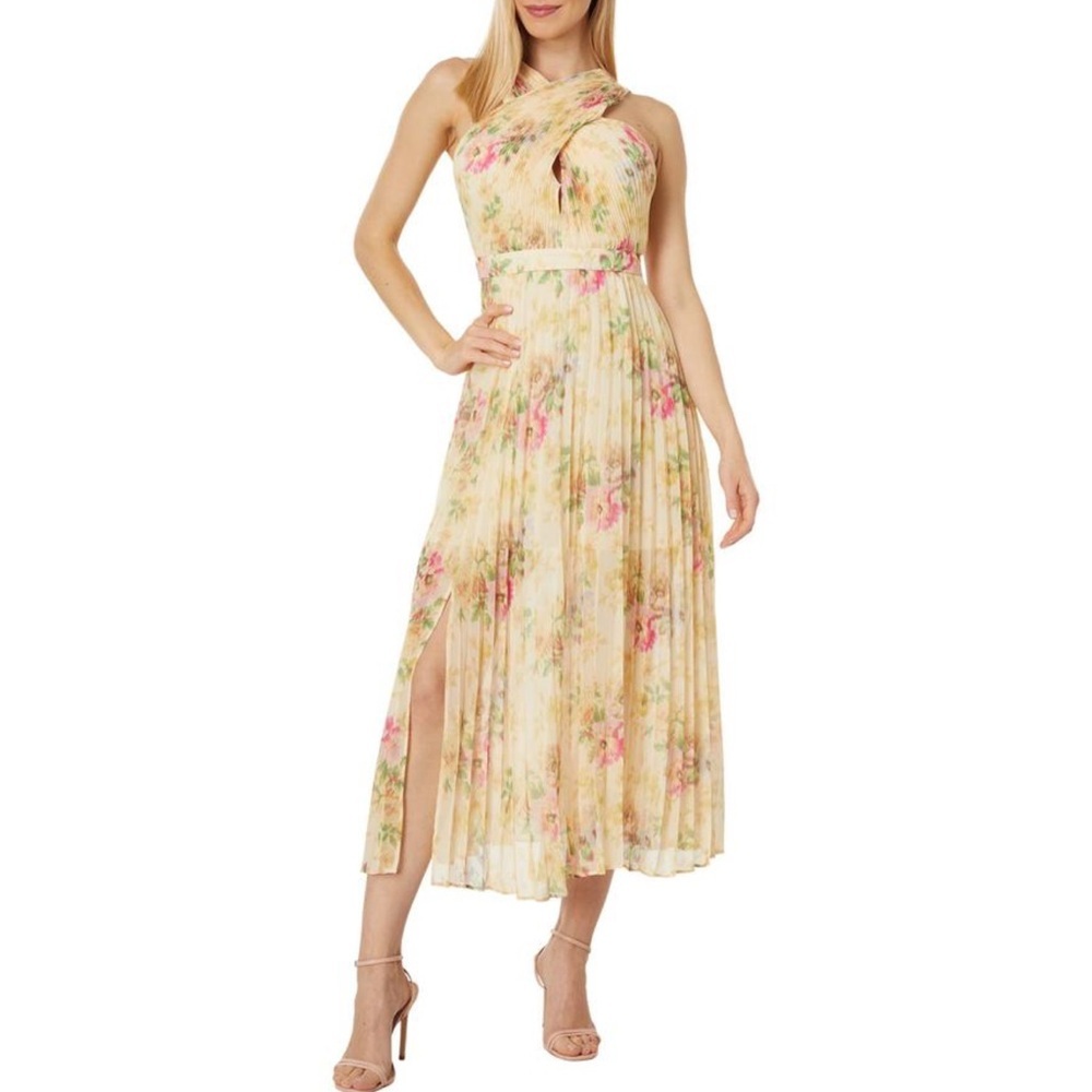 Ted Baker Floral Pleated Midi Dress in Cream and Pink